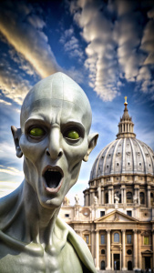 Uma boca gigante aberta mixada ao Vaticano t um Alien na frente 