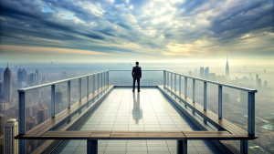 a man enjoying the view atop of a tall skyscraper's large, square observation platform, rails surround the platform