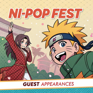 Event flyer for the upcoming Ni-Pop Fest. Colorful, anime-inspired artwork featuring expressive characters. Spanish text highlights 'Ni-Pop Fest', guest appearances, and the event date.