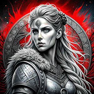 shieldmaiden perfect realistic art, high-definition, high-definition grey and black, white background 