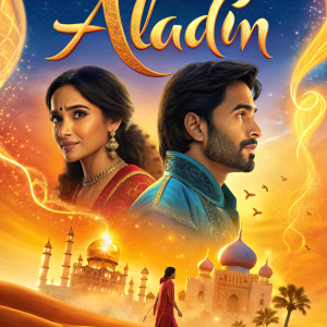 Poster for 'Aladin', a magical Hindi film. Vibrant colors of orange, yellow and blue. Main characters in fantasy setting.