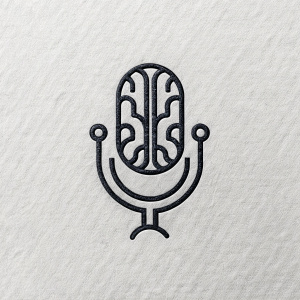 a black simple logo with a dictaphone and AI brain, white background