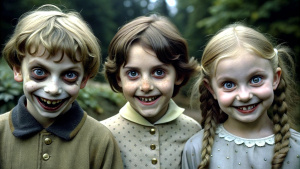 Three gloomy-looking children with weird smiles