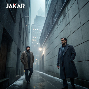 Promotional image for Jakar. Dark and gloomy alleyway in a bustling city. Title and logos visible. Grey toned backdrop.