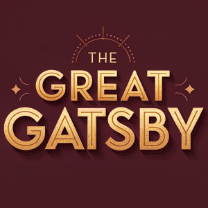 Golden font of 'The Great Gatsby' on a dark maroon background. Luxurious design with molten effects.
