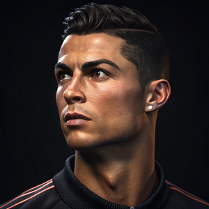 Digital illustration of Cristiano Ronaldo with intense gaze. Dark skin, sleek hairstyle, detailed jawline. Close-up view, dark background. 3D rendering with dramatic lighting and shadows for depth.