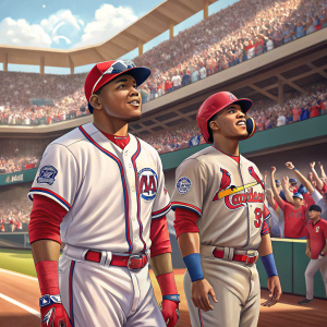 Christian Villanueva and Erick Aybar, in their MLB uniforms, on the field. Spectators in the stands, cheering.