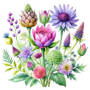 watercolor image , artichokes  ,pink centaurea ,nigella ,mentha ,, hydrangea , wild lupine ,compass plant ,dogwoodevening primrose ,nodding onion , cosmos,scilla,hosta ,achillea,carly dock ,bee balm , physalis , watercolor,  background