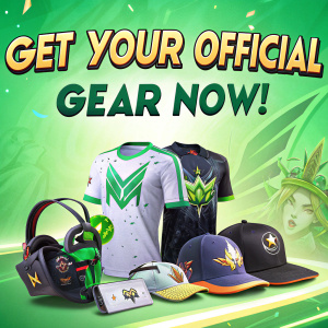 Promotional banner for Mobile Legends licensed merchandise. Vibrant green background with bold text: 'Get Your Official Gear Now!' Modern design showcasing various items.