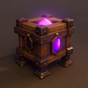 Steampunk and Sci-fi chest concept, simple style, old bronze chest, with purple luminous crystal