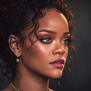 Realistic painting of Rihanna. Emphasized facial features, dark background, intricate curls, detailed makeup, soft lighting, close-up