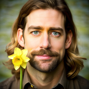 142	Portrait of a male with Nepali ethnicities, 35 years old, triangular face shape, green eye color, brown hair color, Blooming daffodil in clearing backgrounds, long hair style, a mustache, like as an actor John Krasinski[0.15]. Please ensure the image has a professional photography look, with attention to composition, lighting, and detail.																								