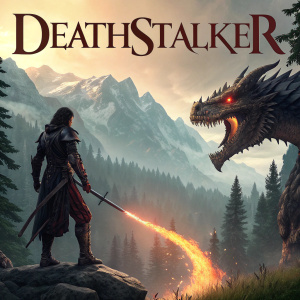 Film poster for 'Deathstalker'. A fierce warrior, a menacing dragon, and a battle scene with epic landscape backdrop.