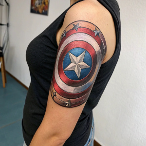 A detailed tattoo of Captain America's shield. Inked on the forearm of a model in a studio setting.