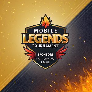 Promotional poster for Mobile Legends tournament. Fiery emblem, golden and dark background, text details on event, sponsors, and entities.