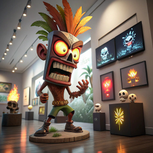 Aku Aku from Crash Bandicoot in an angry pose. The scene is set in a modern digital art gallery.