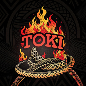 TOKI logo, bold red lettering, surrounded by a dynamic illustration of flames against a black background with detailed geometric patterns.