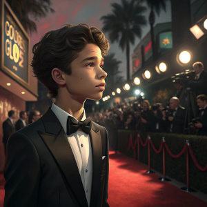Uriah Shelton, young actor, at the Golden Globe Awards. Formal attire, black tuxedo. Flashing cameras, dimly lit red carpet