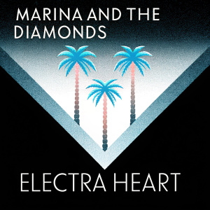 Album cover for Marina and the Diamonds' 'Electra Heart'. Pastel tie-dye design with palm trees and song titles. It is a digital promotional image.