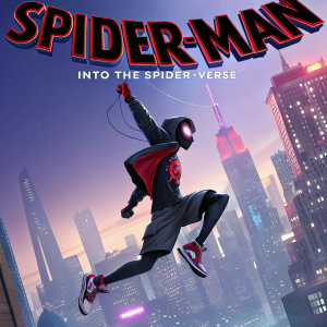Spider-Man: Into the Spider-Verse poster. Miles Morales, spider suit, mid-air pose. Cityscape backdrop, Spider-Verse text at bottom.