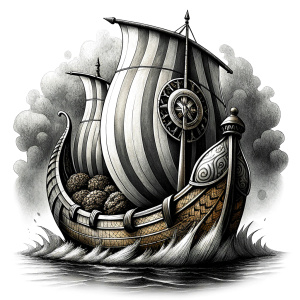 viking longboat tattoo design - perfect realistic art - high-definition - grey and black - white background 