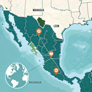 Interactive map highlighting Nicaragua's borders and major cities. Central America