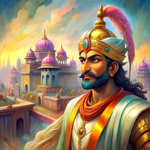 A grand palace in Ayodhya. King Dasharatha (pensive): "My sons, Rama, Lakshmana, Bharata, Shatrughna, you are the pride of Ayodhya!"