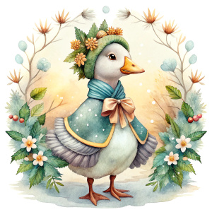 Cute   Goose dressed up , cute character, Christmas mood,  gentle colors,pastel colors, by illustration Jean-Baptiste Monge