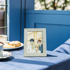 Characters from Ouran High School Host Club, posing in a cozy cafe setting. Each with unique outfits and expressions, detailed close-up. Bright, colorful background with coffee cups and pastries