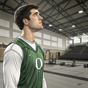 Joey Harrington in an indoor gym, wearing a green and white Oregon Ducks jersey. Solo pose, no crowd.