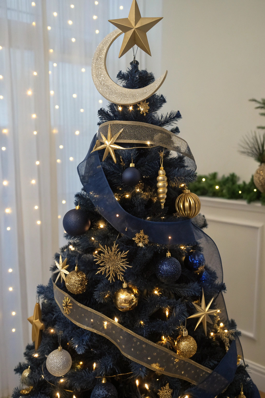 Starry Night Celestial

Bring the cosmos home with navy, midnight blue, and gold. It’s dreamy, elegant, and perfect if you secretly wish you lived in a planetarium.

How to Pull It Off

Use star, moon, and constellation ornaments—mix metal and glitter finishes.

Wrap the tree with micro-LED fairy lights for that star-dusted effect.

Top with a crescent moon or an ornate North Star.

Extra credit: Add sheer navy ribbon to create a night-sky cascade down the tree.