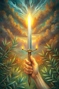 A sharp sword pointing upwards represents the triumph of strength and intelligence.