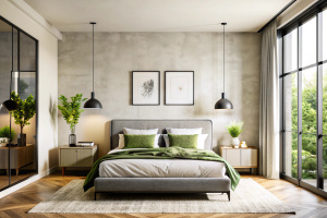 Minimalist loft interior design of modern bedroom with stucco wall.
