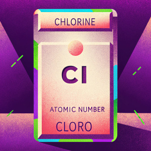 Infographic showcasing chlorine element. Chemical symbol CI, Spanish name Cloro, atomic number, and atomic mass displayed.