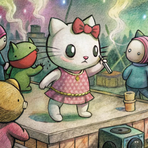 Hello kitty smoking a blunt and twerking hardtek on a rooftop rave with sanrio characters