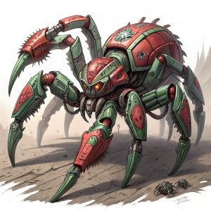 Concept art of Transmetal Tarantulas from Transformers: Beast Wars. Futuristic mechanical design with red and green hues. Intense action pose with intricate mechanical details. Menacing look with dynamic shadows.