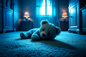 Teddy bear is laying down on carpet in cinematic tone, Dramatic shot of Lonely teddy bear laying down alone in living room at night