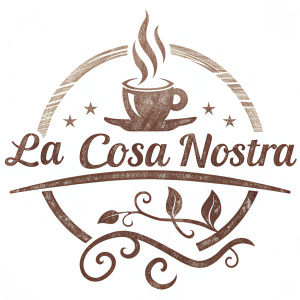 Logo design for La Cosa Nostra featuring elegant cursive font. Rustic texture with steam rising from letters. Distinctive yet simple style.