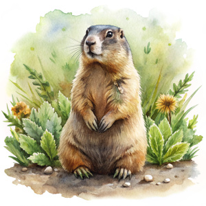 Gardening nuances: Wild  Steppe Marmot in garden on ground on white background that fit on canvas, watercolor style, white background 