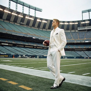 Luke McCown, quarterback for the New Orleans Saints, dressed in a white suit. Posing alone in an empty stadium.