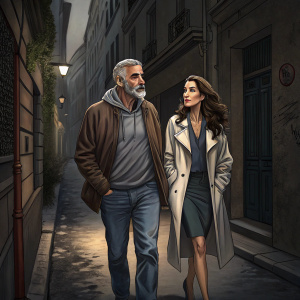 George Clooney, bearded and balding, and Amal Clooney, with chestnut hair, walk through a deserted alleyway in Paris.