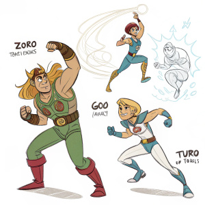 Digital concept art illustration featuring characters from the Herculoids cartoon series in various dynamic poses and sketch styles. Characters include Zor, Igoo, Turo, and other members of the family. All set against a clean white background.