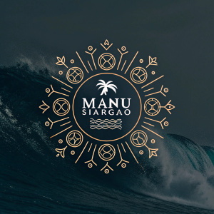 Digital branding illustration for Manu Siargao. Dark background, sleek logo design. Brand name Manu Siargao written in elegant font, surrounded by symbols of inspiration.