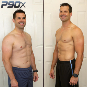 Before and after transformation of a man using the P90X program. Short dark hair, smiling. Heavier body before, now more toned. Shows weight and waist measurements.