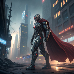 Digital art of Ultron, the menacing robot from Marvel's Powers United VR. Futuristic metallic armor with a flowing red cape-like feature. Set in a cyberpunk cityscape.