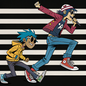 Stylized artwork featuring cartoon characters from Gorillaz. Vibrant colors and dynamic poses against a striped black background. Punk-inspired graphic novel aesthetic.