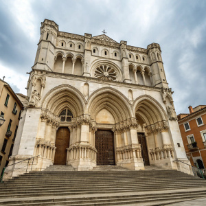Photograph of the Cuenca Cathedral entrance, featuring ornate Gothic architecture with multiple arches and intricate carvings. White façade with darker stone detailing around the entrance. Stone steps in ascending levels lead up to the cathedral's grand entrance.