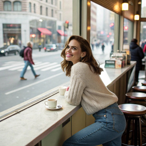 Hayley Atwell, dressed in casual jeans and a cozy sweater, posing at a cafe. Busy street visible through cafe window.