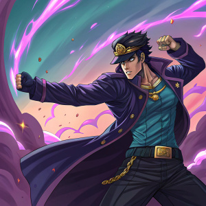 Jotaro Kujo, from JoJo's Bizarre Adventure, illustrated in an intense battle pose against a vibrant, surreal backdrop of swirling shapes and hues.