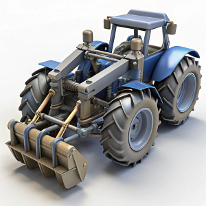 3D Render of a compact tractor with various attachments, on isolated white background.
